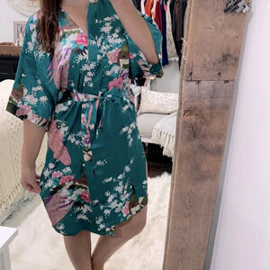 Turquoise & pink peacock floral print silky Japanese inspired robe